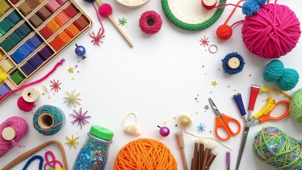 A colorful flat lay of various DIY craft kits and crafting supplies (paints, yarn, small tools) arranged on a table. Lots of variety, no people.