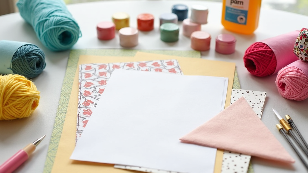 Colorful easy DIY craft kit supplies on a table, including yarn, paints, paper, and simple tools.