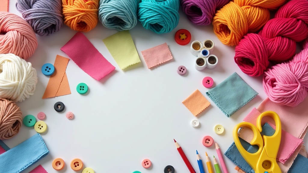 A colorful assortment of crafting materials, including yarn, paper, fabric scraps, and buttons, laid out on a table.