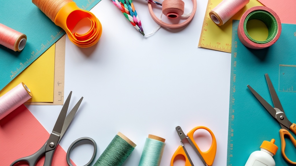 A colorful desk scene with scissors, thread, crafting materials, and handmade decor items.