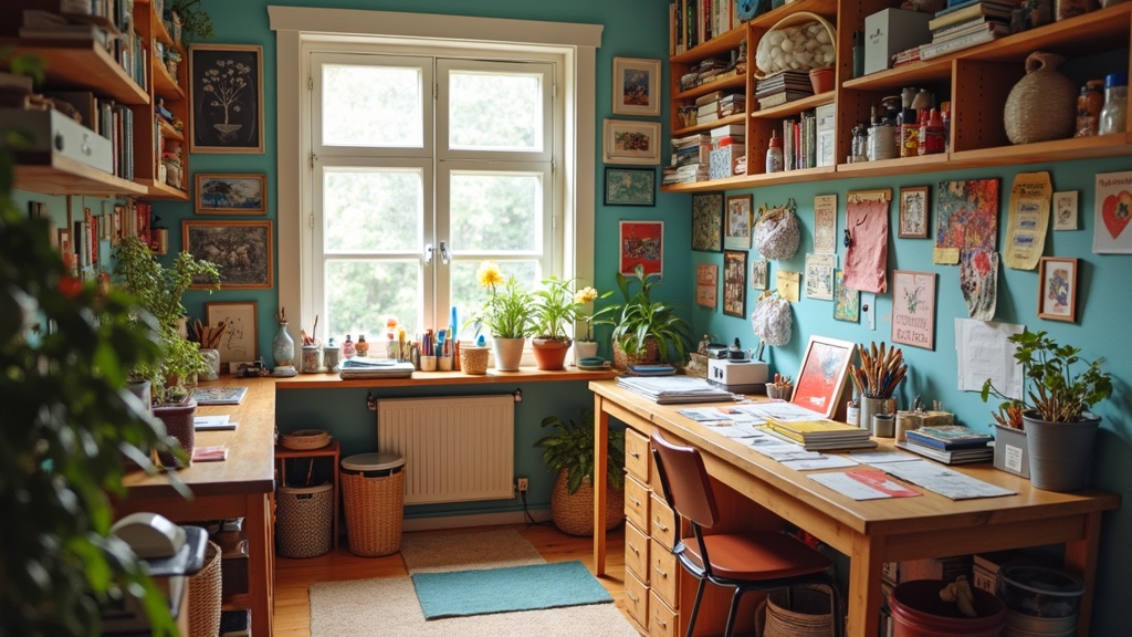 A cozy craft workspace featuring an organized table, divided storage boxes, and natural daylight, scattered with unfinished craft projects, art tools, and colorful materials