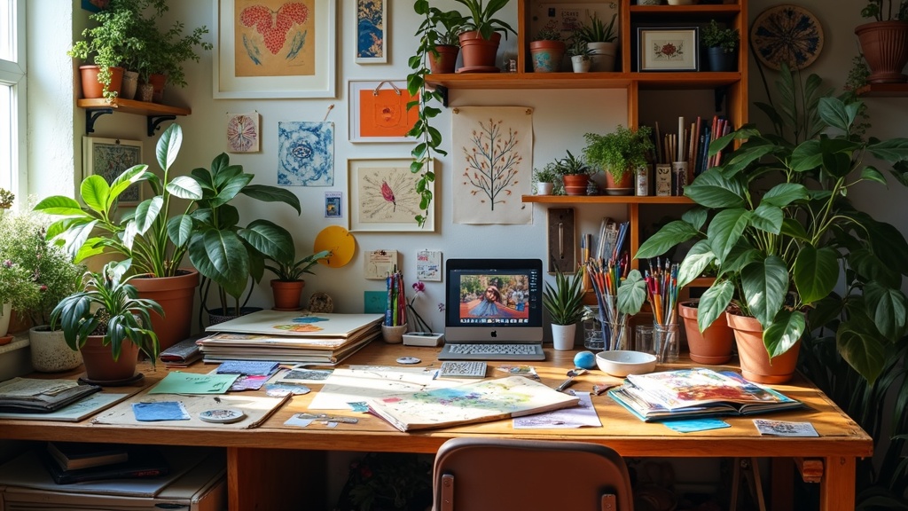 A cozy workspace filled with art supplies, tools, and scattered creative projects in progress, surrounded by plants and mood boards