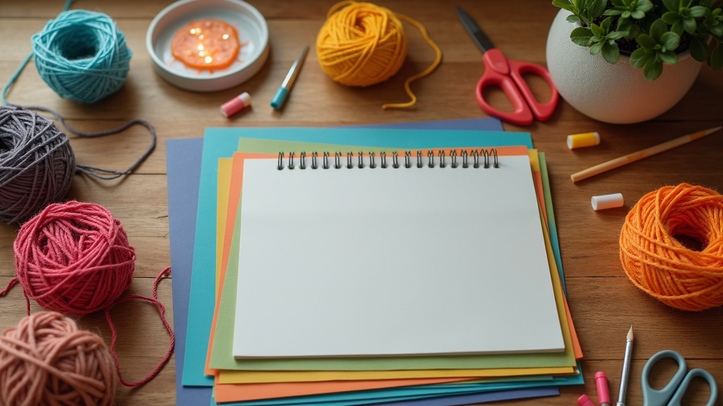 A cozy workspace scattered with crafting supplies like yarn, paper, relaxing candlelight, and a cheerful mug of tea.