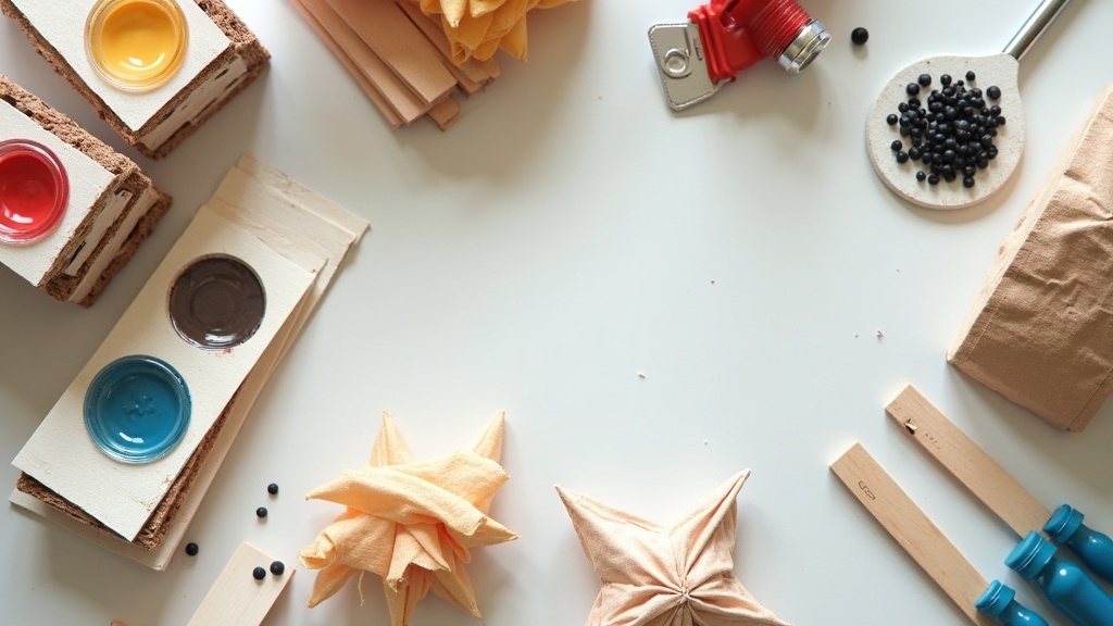 A flat lay of various DIY kit components: small packets of wires, paint, and wood pieces arranged on a table