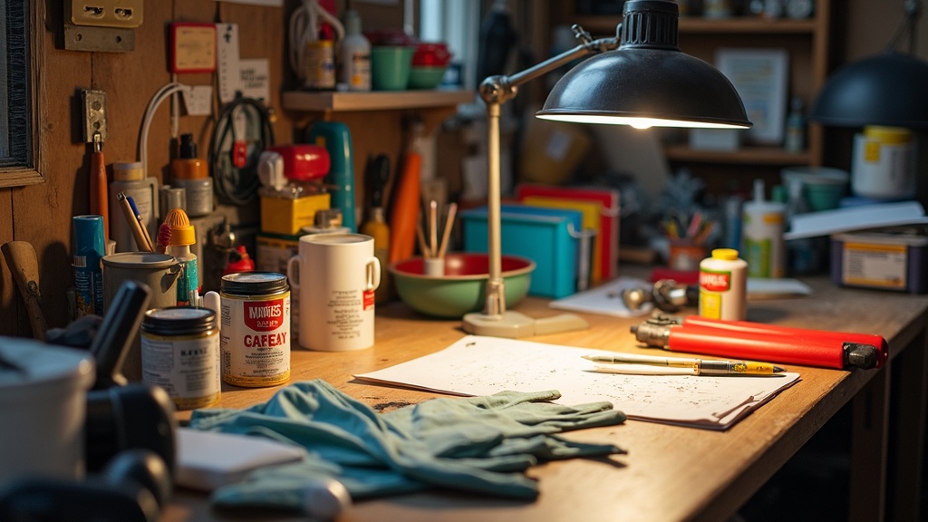 A vibrant craft workspace with neatly organized tools, supplies, and bright lighting, all set up for safe crafting.