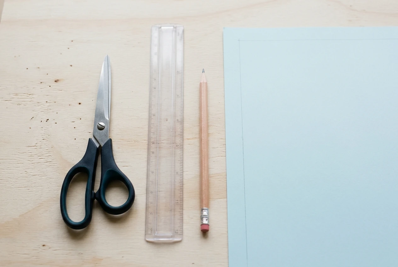 A pair of sharp scissors, a clear plastic 12-inch ruler and a freshly sharpened pencil with a pink eraser laid out in a neat row on a pale wooden craft table, with a sheet of pale b
