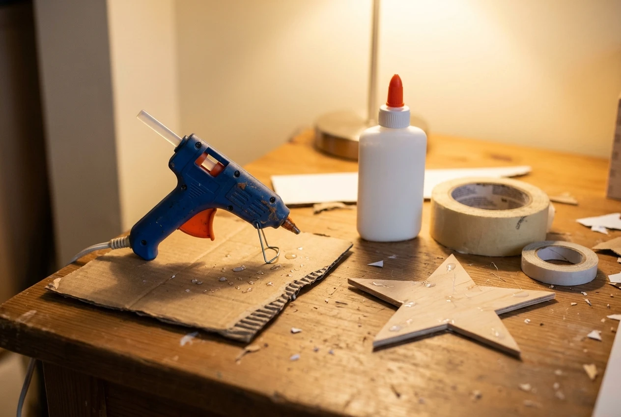 A small mini hot glue gun resting on a scrap of cardboard beside a bottle of white craft glue, a roll of masking tape and a roll of double-sided tape, with a half-glued wooden star on the table, warm lamp light and a cream background.