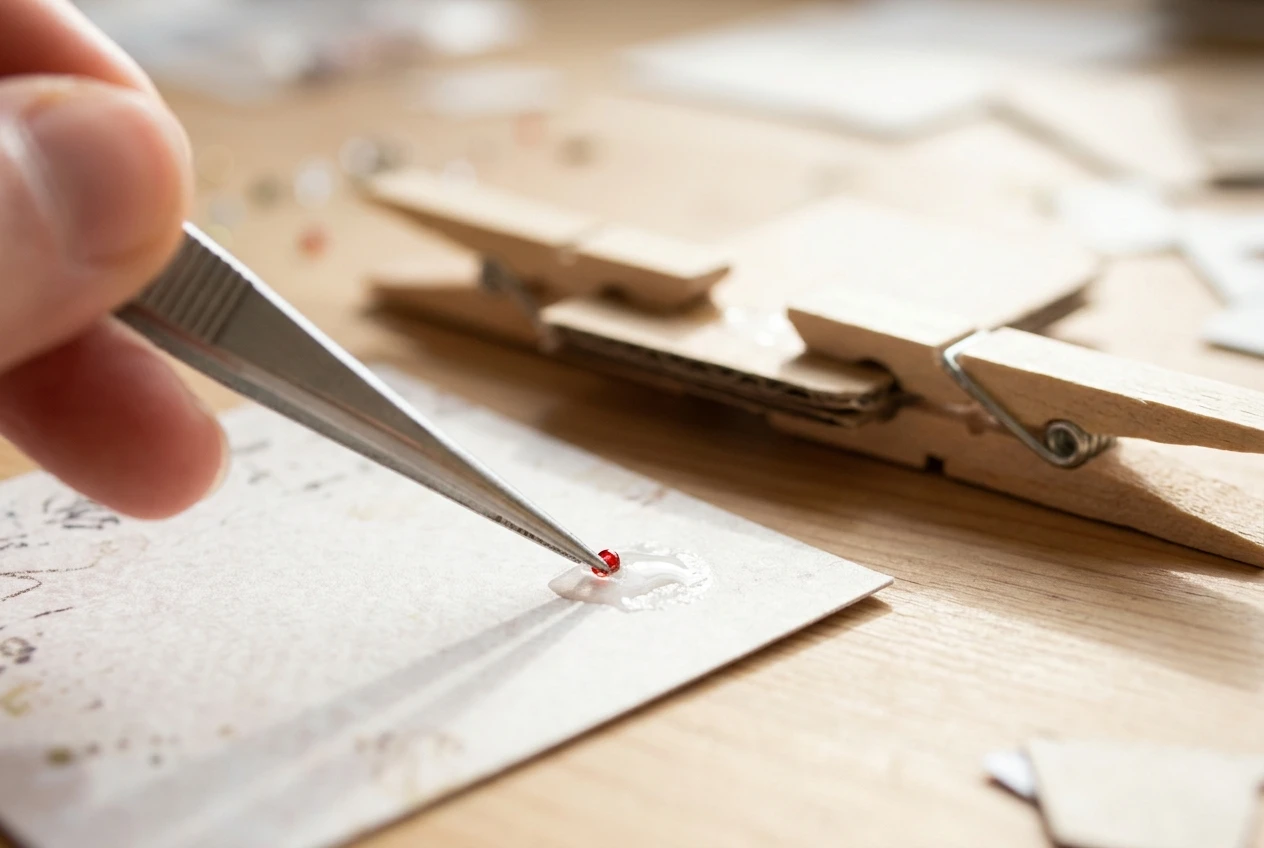 Pointed tweezers placing a tiny red bead onto a glued paper card, while two wooden clothespins clamp a pair of glued cardboard pieces together in the background, close-up with soft focus and bright natural light.