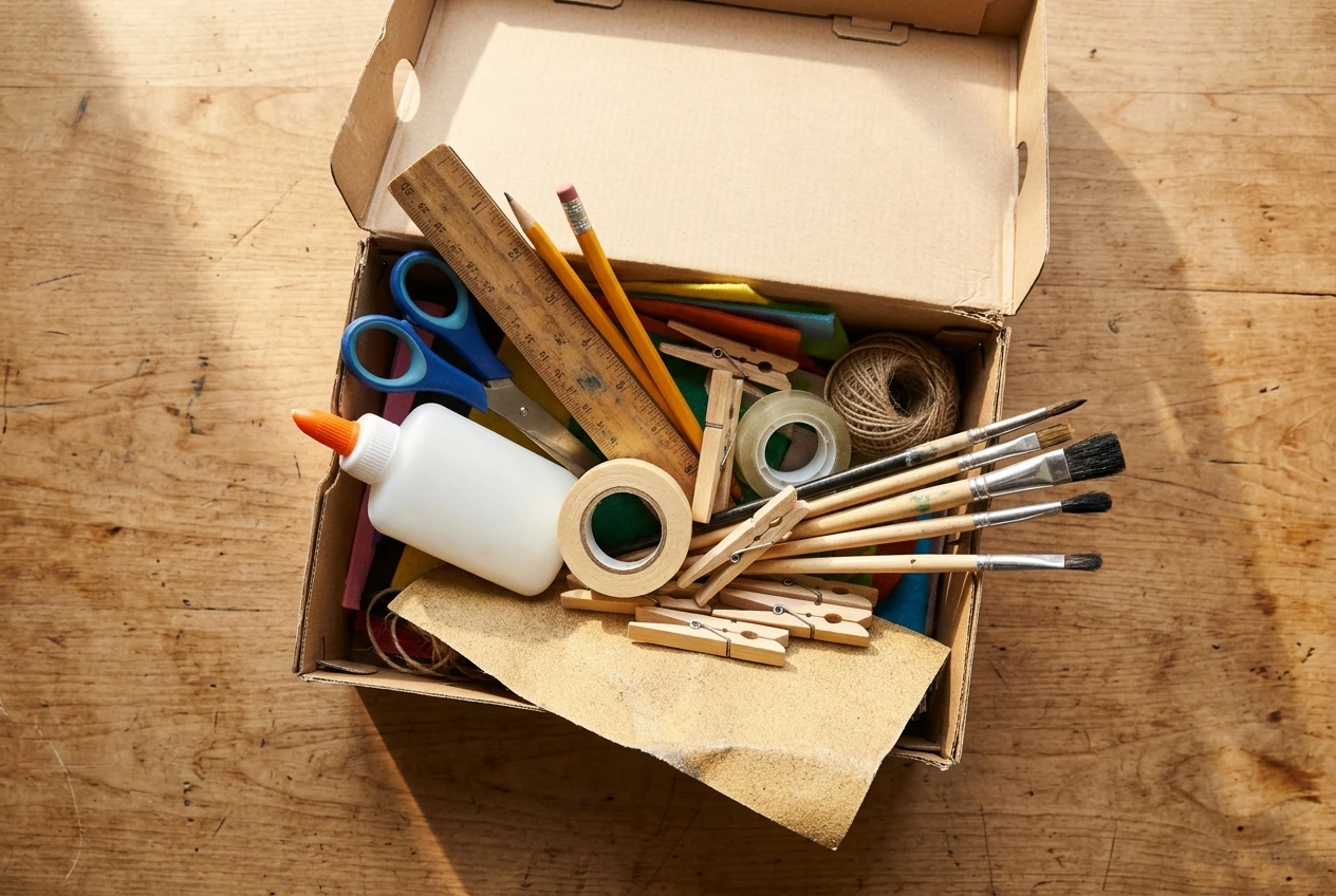 An open shoebox on a kitchen table packed with a starter craft toolkit: scissors, ruler, pencil, glue bottle, tape rolls, clothespins, a few paintbrushes and a sheet of sandpaper, seen from above in warm morning light.